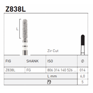 Diamant sylinder avr lang Zirkonia FG Z 838L Blå 014